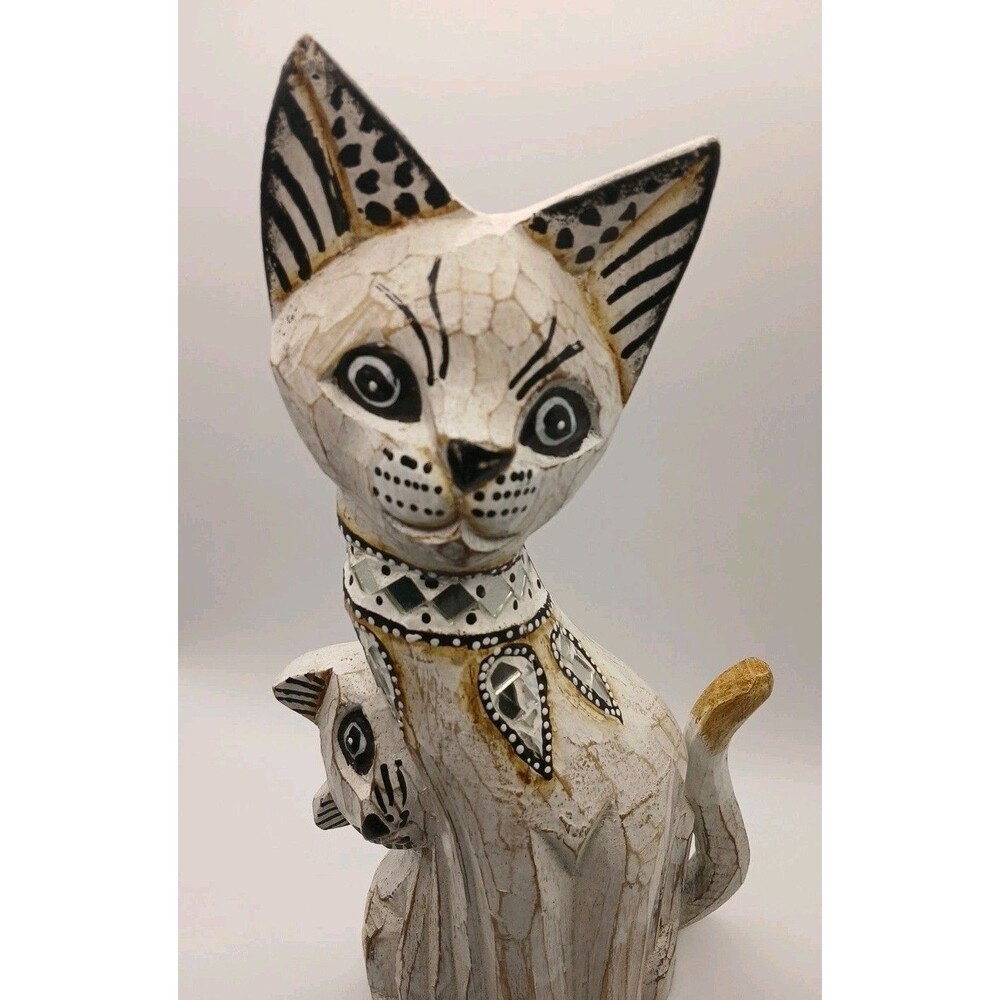 Indonesian Hand Carved Hand Painted Wood Cat Statue 12” Tall Whitewashed Kitten
